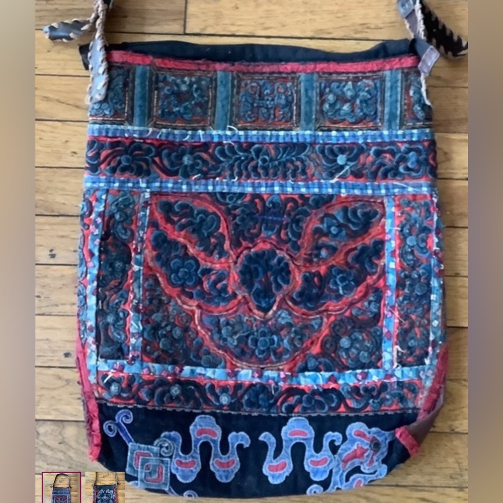 Vintage Hmong Fabrics Tote With Leather Strap